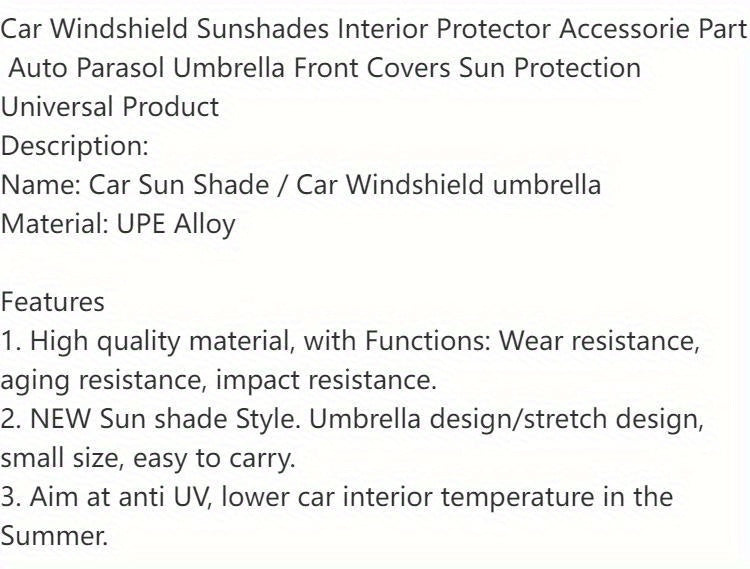 Umbrelă parasolar auto pliabilă cu protecție solară UV și izolare termică