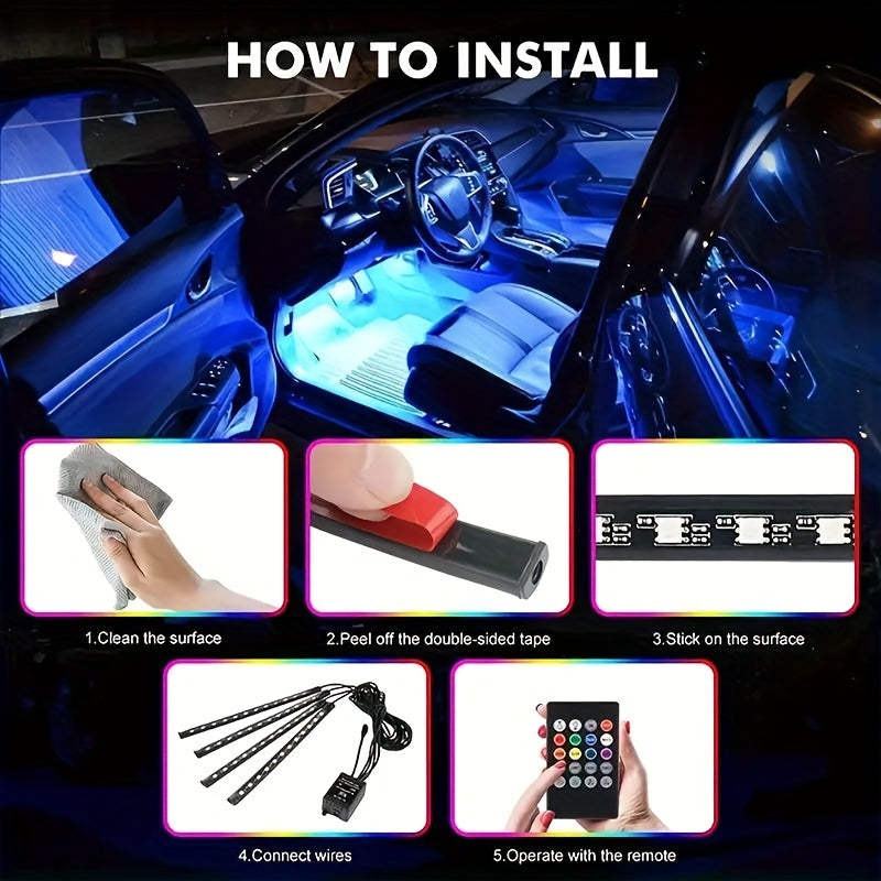 Set LED auto interior cu efecte muzicale și lumină ambientală colorată