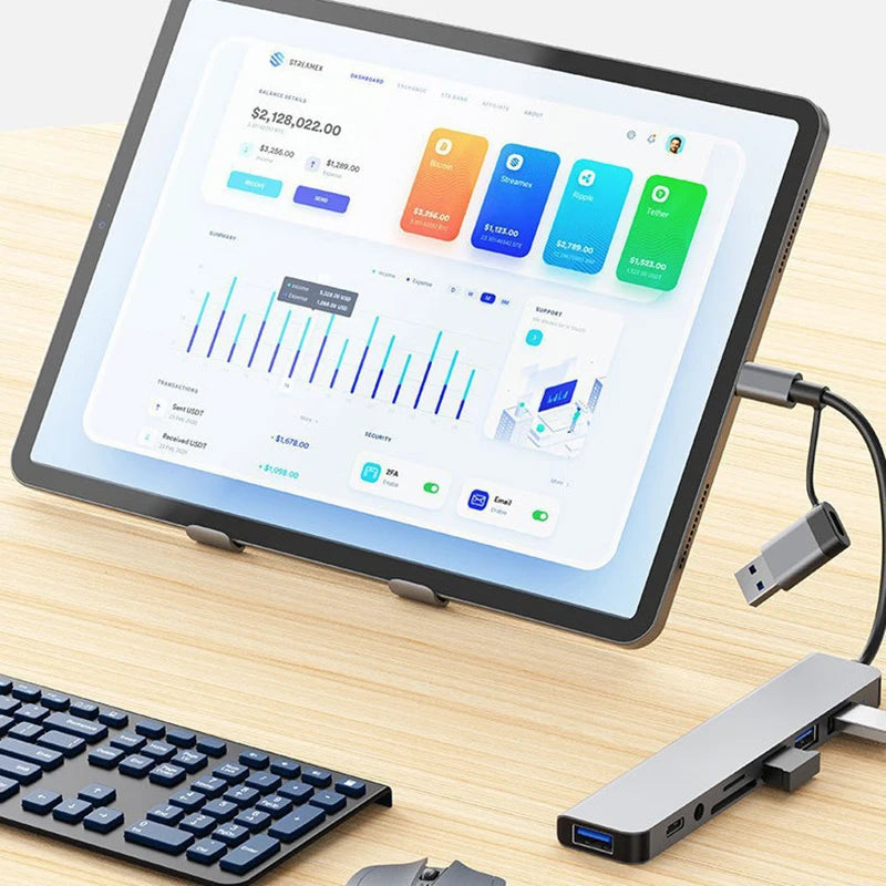 Hub multifuncțional 8-în-2 cu USB, Type-C și cititor de carduri