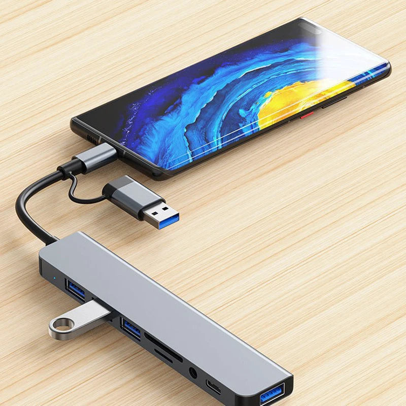 Hub multifuncțional 8-în-2 cu USB, Type-C și cititor de carduri