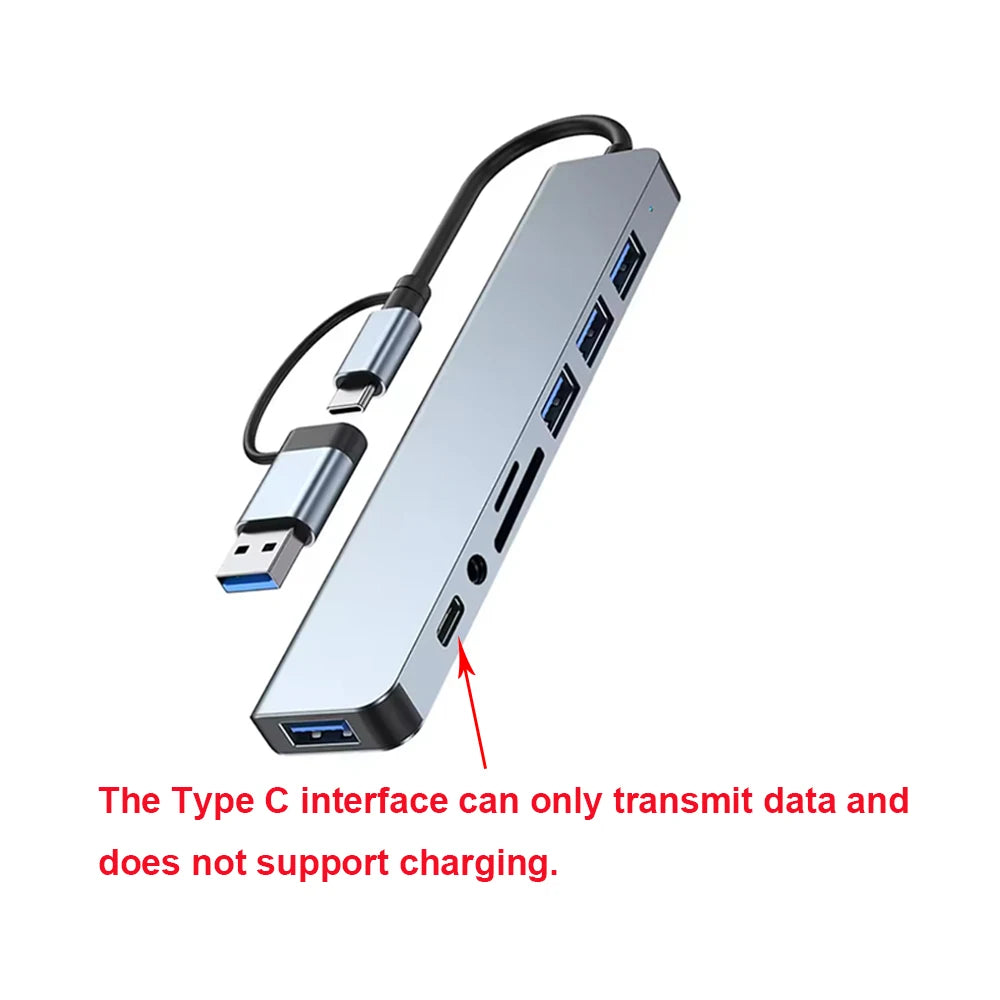 Hub multifuncțional 8-în-2 cu USB, Type-C și cititor de carduri