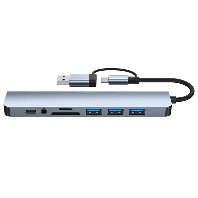 Hub multifuncțional 8-în-2 cu USB, Type-C și cititor de carduri