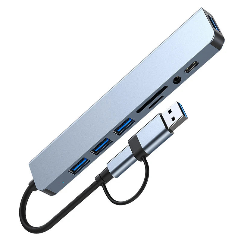 Hub multifuncțional 8-în-2 cu USB, Type-C și cititor de carduri