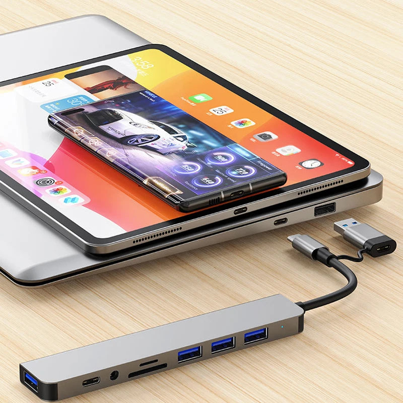 Hub multifuncțional 8-în-2 cu USB, Type-C și cititor de carduri
