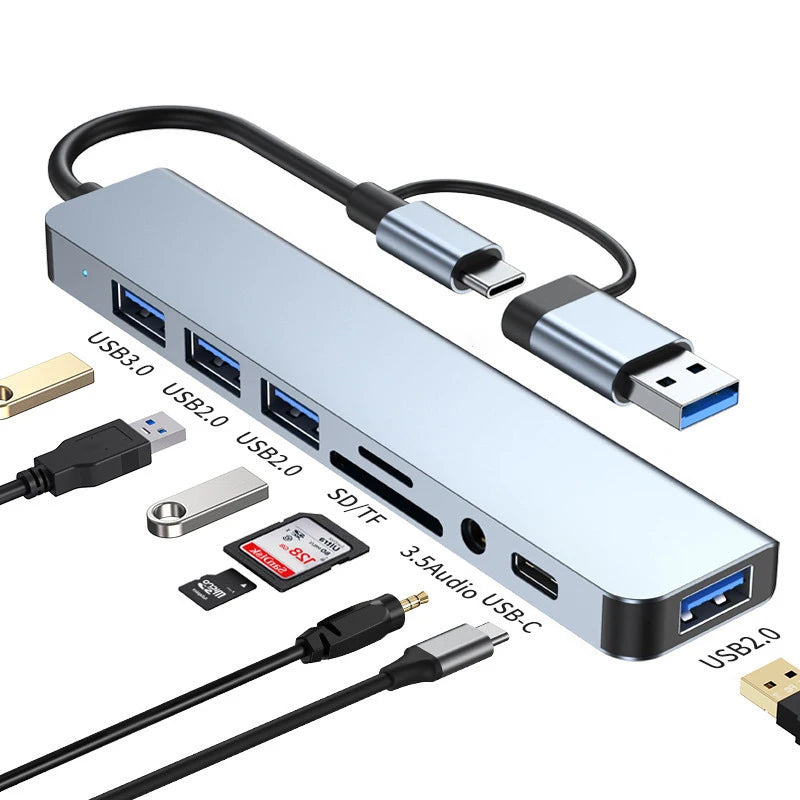 Hub multifuncțional 8-în-2 cu USB, Type-C și cititor de carduri