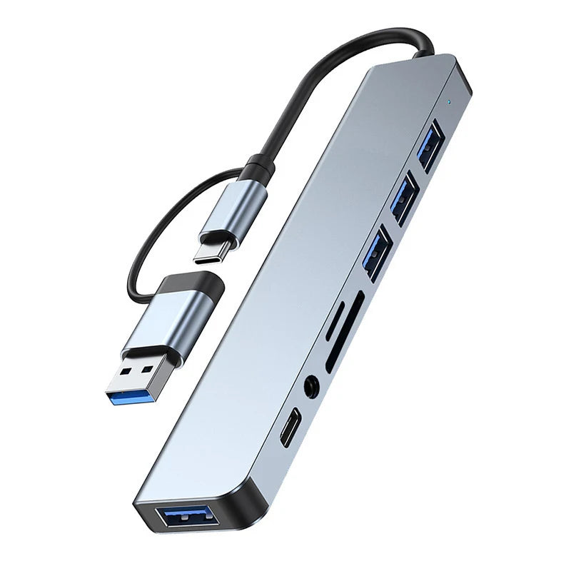 Hub multifuncțional 8-în-2 cu USB, Type-C și cititor de carduri