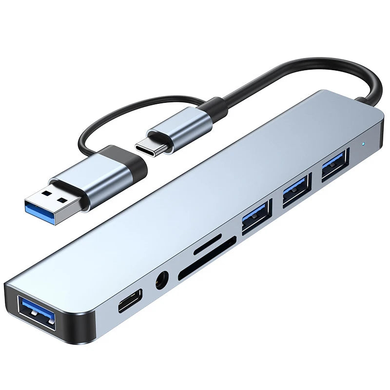 Hub multifuncțional 8-în-2 cu USB, Type-C și cititor de carduri