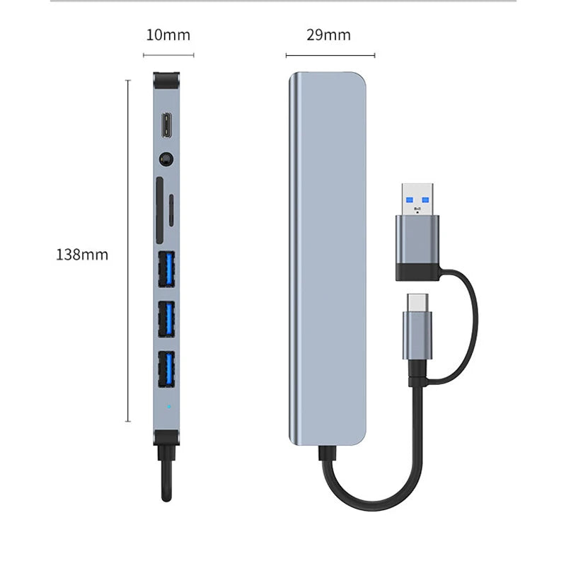 Hub multifuncțional 8-în-2 cu USB, Type-C și cititor de carduri
