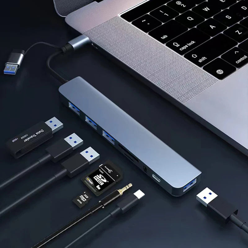 Hub multifuncțional 8-în-2 cu USB, Type-C și cititor de carduri