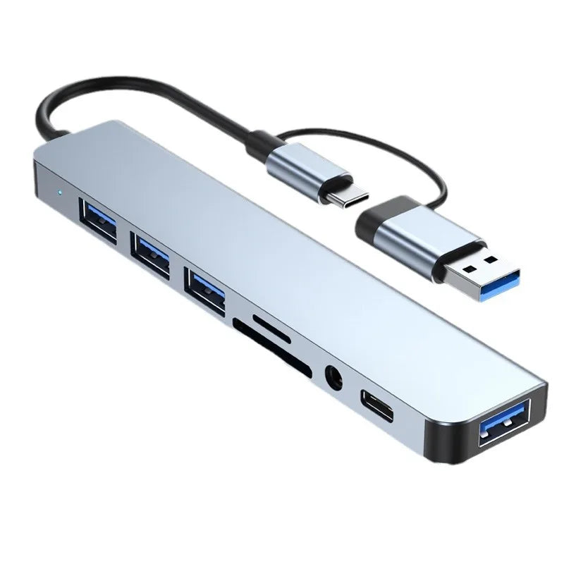 Hub multifuncțional 8-în-2 cu USB, Type-C și cititor de carduri