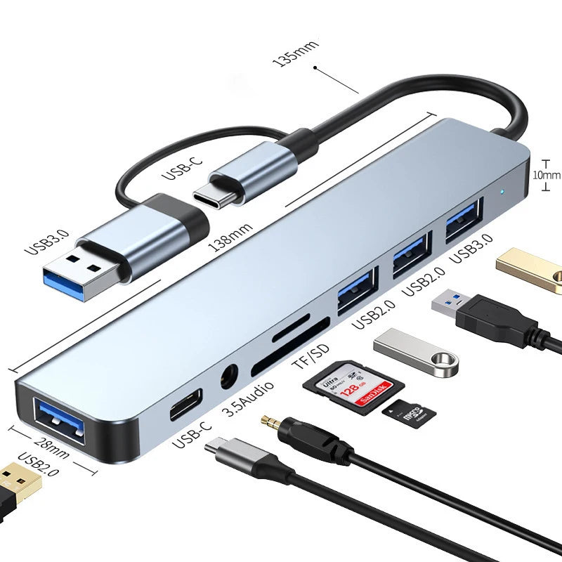 Hub multifuncțional 8-în-2 cu USB, Type-C și cititor de carduri